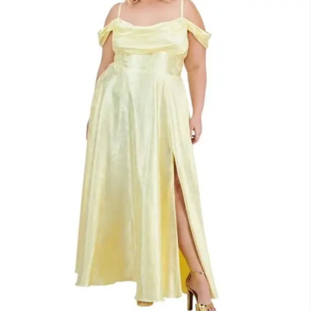 B Darlin Women’s Off The Shoulder Satin Jacquard Gown Yellow Size 14W